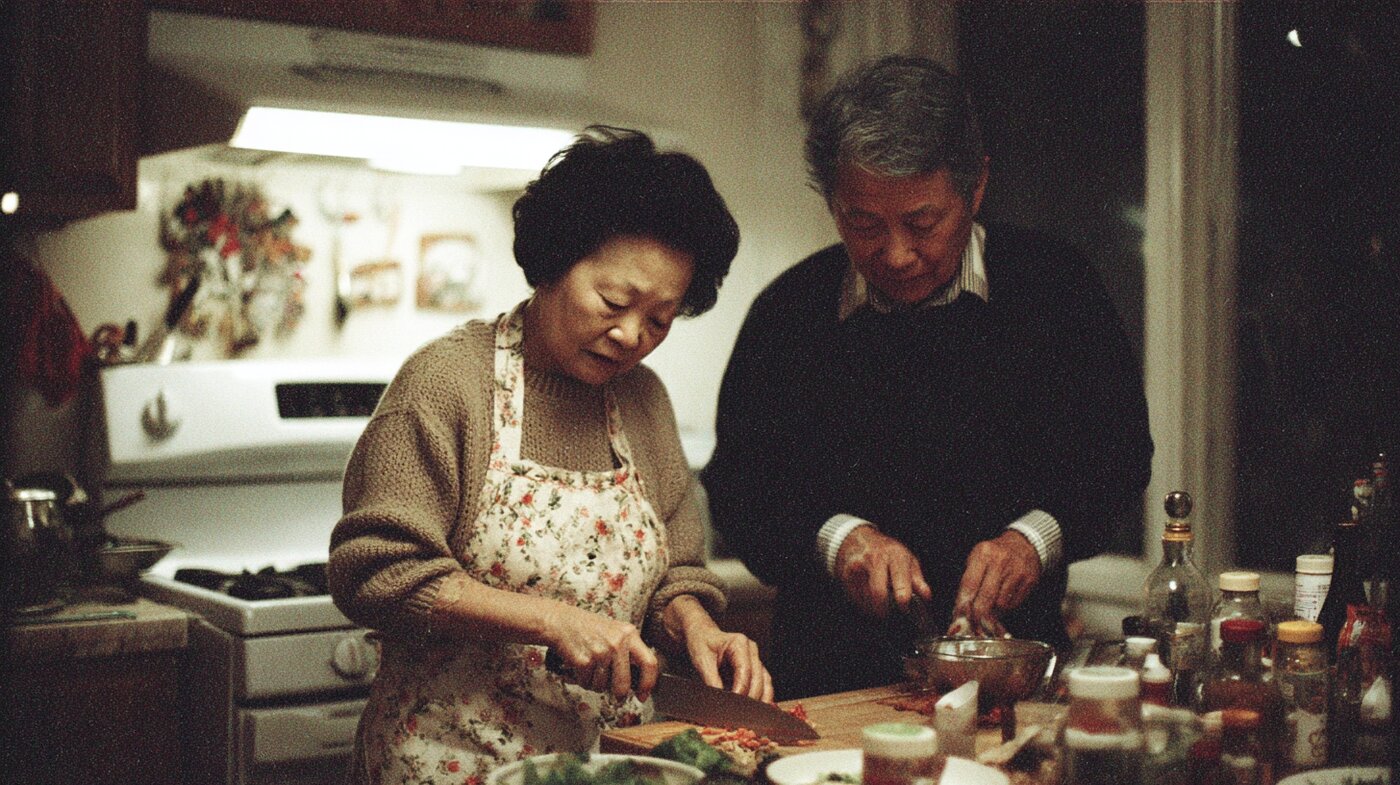 台所で料理をする夫婦